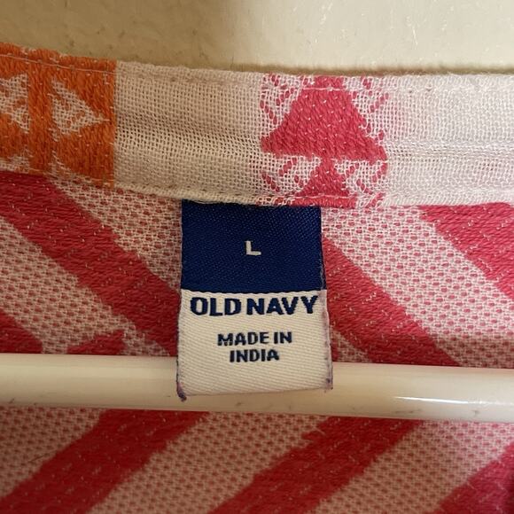 OLD NAVY Pink Orange V Neck Swing Peasant Blouse 100% Cotton Boho Aztec Sz L - Picture 5 of 8